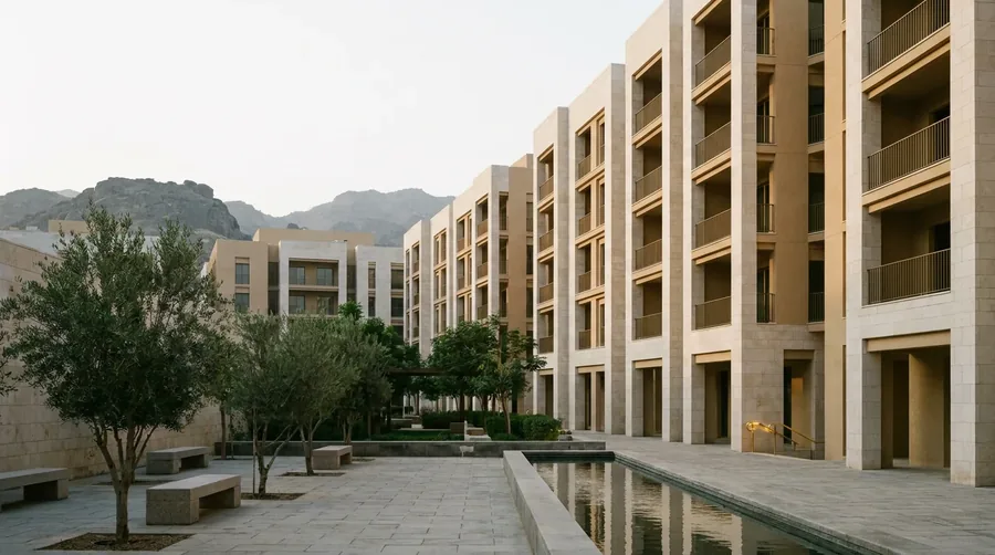 Matched mid-rise apartment blocks in pale limestone set around a shaded garden court with a long water channel.