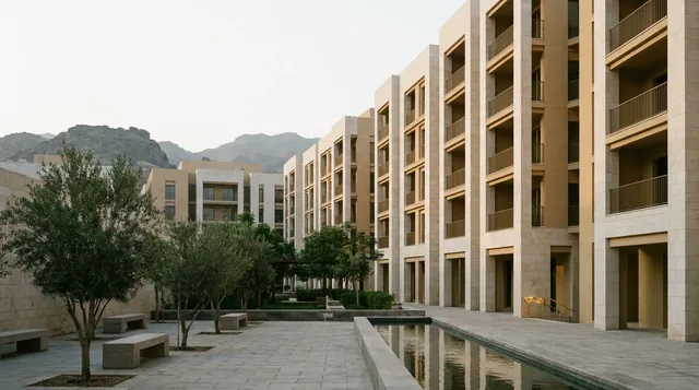 Matched mid-rise apartment blocks in pale limestone set around a shaded garden court with a long water channel.