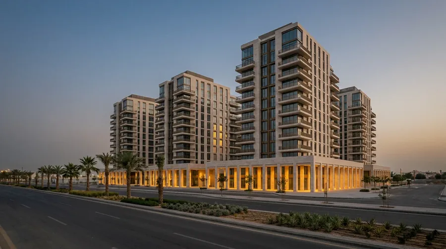 Slim limestone residential towers above a colonnaded stone retail base beside a palm-planted city road at dusk.