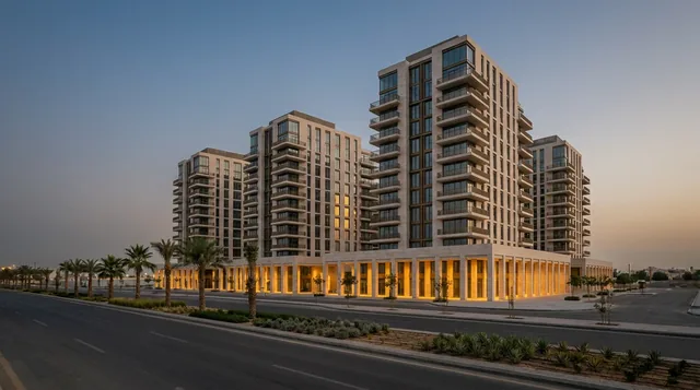 Slim limestone residential towers above a colonnaded stone retail base beside a palm-planted city road at dusk.