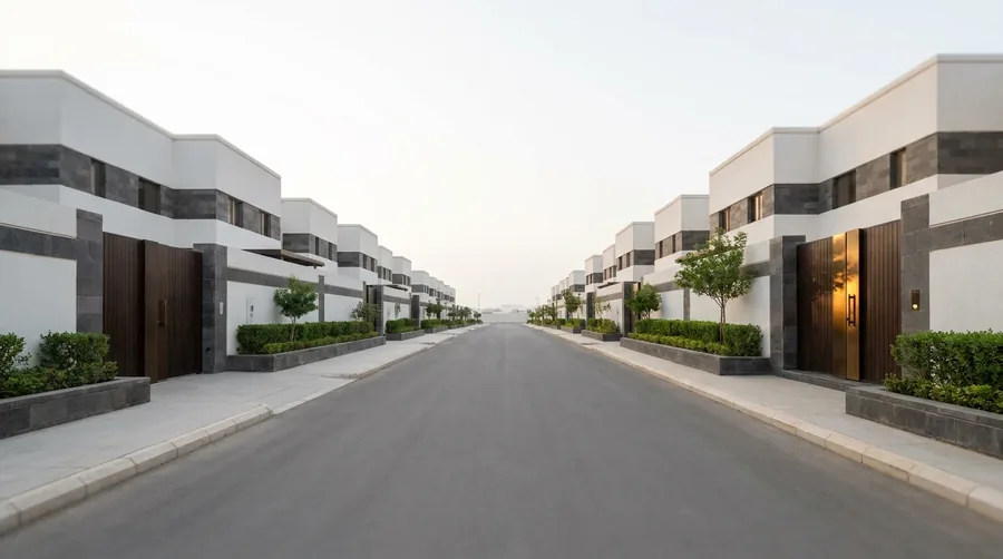 Two rows of matched white-render courtyard villas with basalt banding along a quiet new residential street.