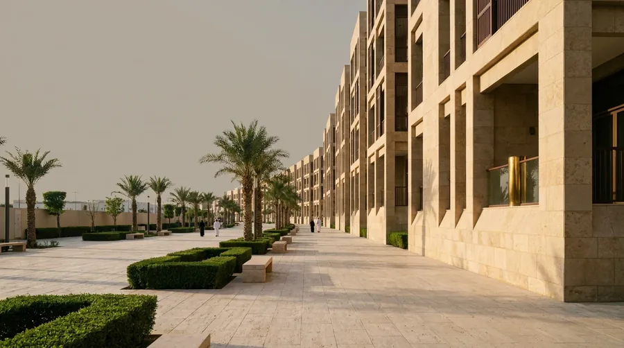 A long terrace of sand-coloured apartment buildings with deep loggias along a landscaped pedestrian spine.