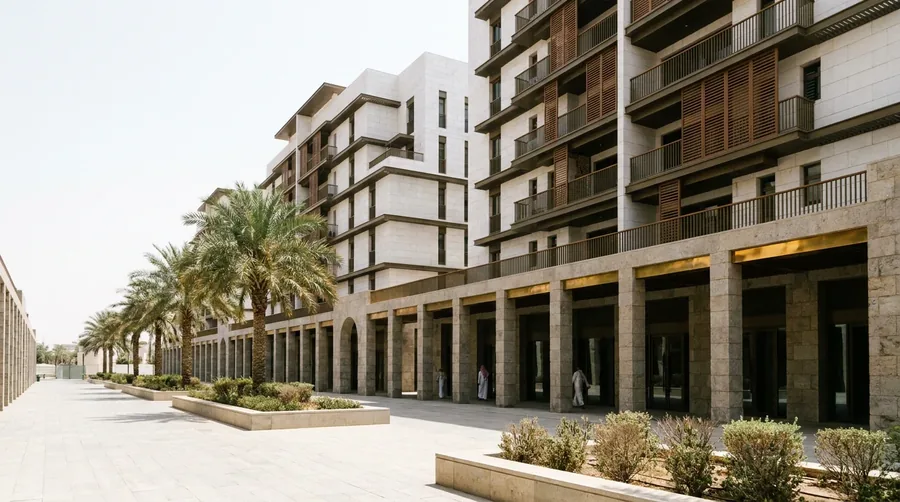 Stepped white-stone apartment buildings above a shaded ground-floor arcade on a wide palm-lined pavement.