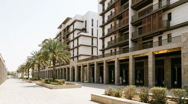 Stepped white-stone apartment buildings above a shaded ground-floor arcade on a wide palm-lined pavement.
