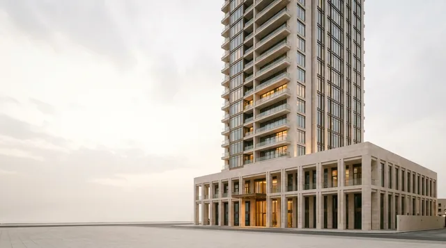 A slender limestone branded-residence tower rising from a shaded stone hotel podium at a boulevard corner.